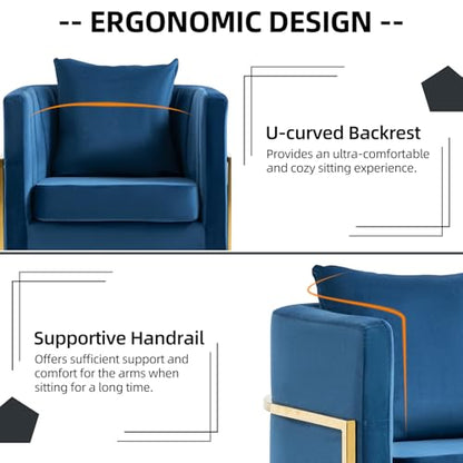 Velvet Accent Chair, Modern Barrel Arm Chair for Living Room/Bedroom/Guest Reception, Upholstered Club Armchair with Pillow & Gold Base, Navy Blue - color: Navy Blue, size: 1 PC