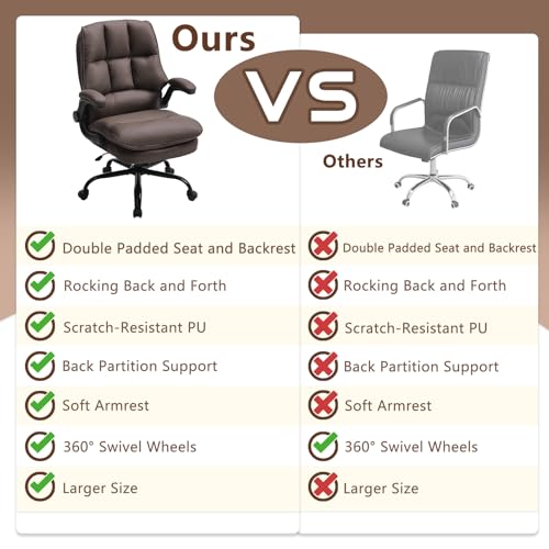 Comfy Office Chair Soft and Double Cushioned Ergonomic Computer Desk Chair | Suitable for Long Hours Executive Office Chair with Flip-up Armrests and Height Adjustment for Home Office Brown - color: Brown
