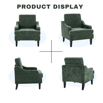 Set of 2 Accent Chair for Living Room,Mid-Century Arm Chair Chenille Fabric Living Room Chairs,Upholstered Reading Chair for Bedroom,Single Sofa Chair with Wood Legs for Apartment (Green) - color: Green