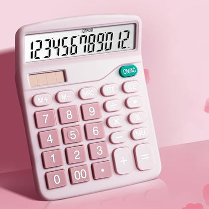 Calculator, 12 Digit Large LCD Display and Sensitive Button, Solar Battery Dual Power Office Calculator, Pink (2 PCS) - style: Pink （2PCS)