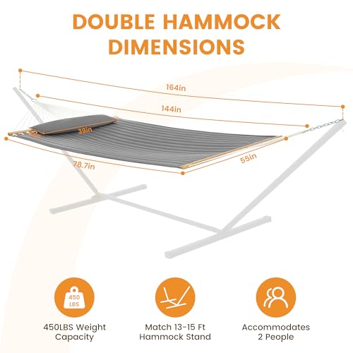 Lazy Daze Double Quilted Hammock with Pillow for Outside, Fit 13-15Ft Stand - color: Light Gray