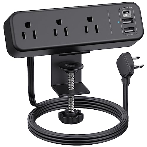 3 Outlet Desk Clamp Power Strip, 6.5 ft Extension Cord, Flat Plug - color: Black