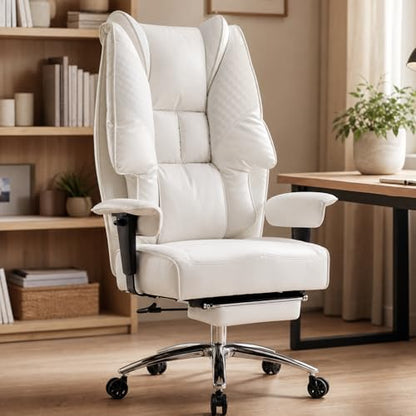 EXCEBET Big and Tall Office Chair 400lbs Wide Seat, Leather High Back Executive Office Chairs with Foot Rest, Ergonomic Lumbar Support for Lower Back Pain Relief (White) - color: Pure White
