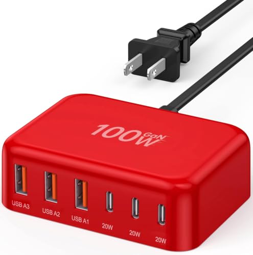 [2026 Updated] USB C Fast Charger, 100W GaN 6 Port Type C Charging Station Hub Block Cube, USB C Wall Charger Power Strip Adapter Plug for iPad iPhone 17 16 15 14 Pro Max Pixel Note Galaxy, 5ft Cord - color: F-Red