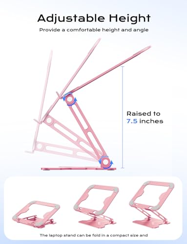 JCZT Adjustable Laptop Stand for Desk, Metal Foldable Laptop Riser, Pink | Ergonomic Portable Laptop Stand, Ventilated Cooling Computer Notebook Holder for MacBook Air Pro, All 10-16'' Laptops - color: Pink