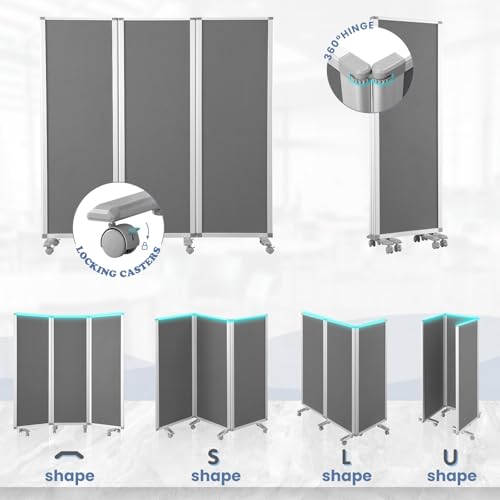 MAKELLO Partition Room Dividers 71"x71", Mobile Cubicle Wall, Gray Felt | 3 Panel Trifold Privacy Panel, Aluminum Frame, Sound Proof, Pinboard, Portable Temporary Wall for Office, Home, Classroom - color: Grey