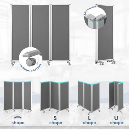 MAKELLO Partition Room Dividers 71"x71", Mobile Cubicle Wall, Gray Felt | 3 Panel Trifold Privacy Panel, Aluminum Frame, Sound Proof, Pinboard, Portable Temporary Wall for Office, Home, Classroom - color: Grey