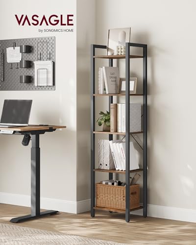 VASAGLE 5-Tier Bookshelf, Bookcase Book Shelf with Steel Frame, - color: Rustic Brown + Ink Black, size: 5 Tiers (11.8"D x 15.7"W x 60.2"H)