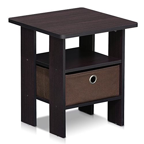 Furinno ANDREY Square Side Table, End Table, Night Stand, Dark Walnut | Open Shelves, Storage Bin, Soft-Corner, Modern Bedside Table for Small Spaces, Study, Dorm, Living Room, Bedroom - color: Dark Walnut, size: 1-Pack, Center Bin
