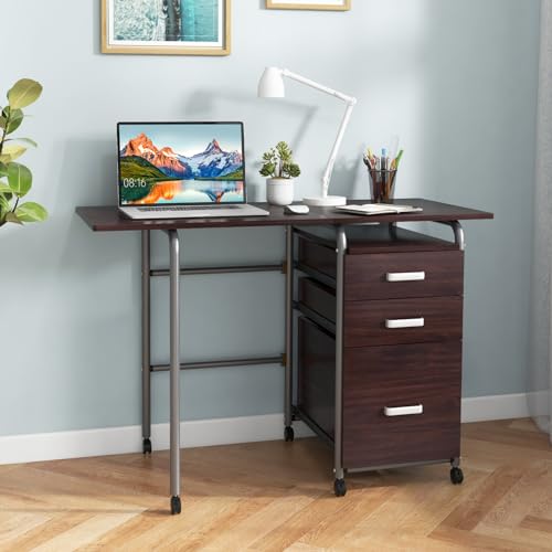GIANTEX Folding Desk for Small Space, Rolling Home Office Desk with 3 Drawers & Lockable Universal Wheels, Mobile Study Writing Desk for Dorm Apartment Bedroom, Brown - color: Brown