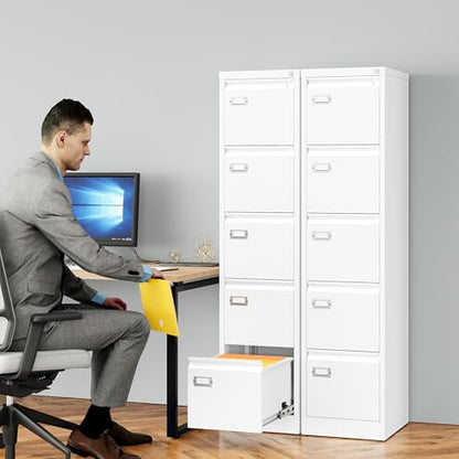 SISESOL 5 Drawer File Cabinet with Lock,White Narrow Vertical File Cabinet Five Drawer,Tall Office Filing Cabinets,Metal Filing Cabinets for Home Office,Fit A4,Legal,Letter Size,-Assembly Required - color: White, style: 5 Drawer