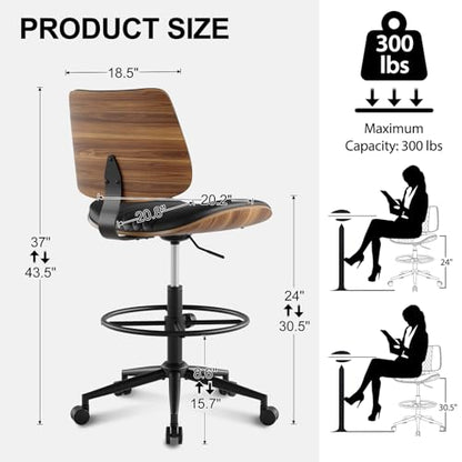 Drafting Chair with Adjustable Footrest, Rolling Walnut Stool, Black - color: Black