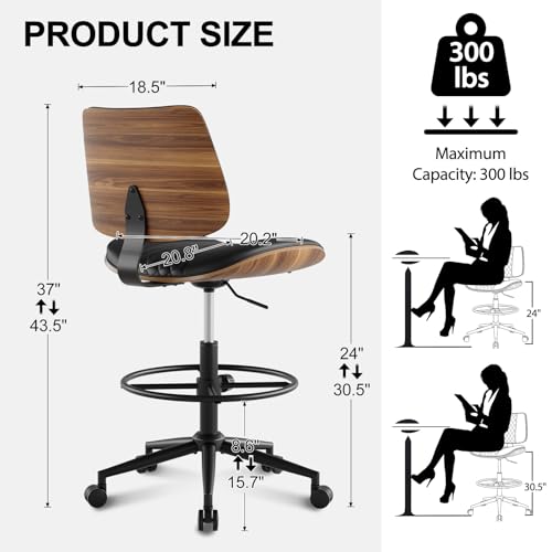 Drafting Chair with Adjustable Footrest, Rolling Walnut Stool, Black - color: Black