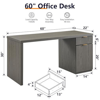 JXQTLINGMU 60" Modern Executive Desk with Storage, Wood Home Office Desk with Drawer & Cabinet, Fluted Computer Writing Desk for Study, Living Room, Bedroom, Grayish Green