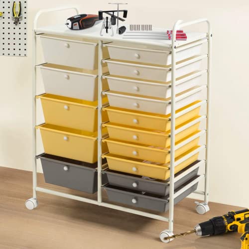 COSTWAY 15 Drawer Rolling Storage Cart, Mobile Utility Cart with Lockable Wheels, Drawers, Multipurpose Organizer Cart for Home, Office, School, Yellow - color: Yellow