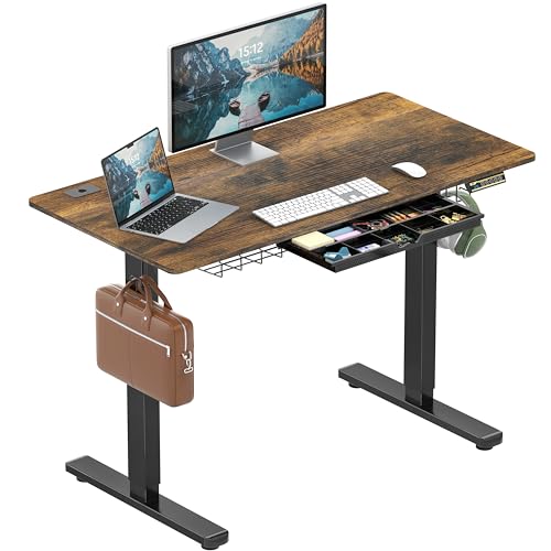 SHW 48-Inch Electric Height Adjustable Standing Desk w/Drawer, Rustic Brown - color: Rustic Brown, size: 48-Inch
