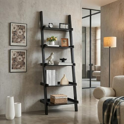 5 Tier Ladder Bookshelf, Black Leaning Bookcase for Home | Layered shelves with raised side lips help style books, plants, baskets, and decor in living rooms, bedrooms, or offices.