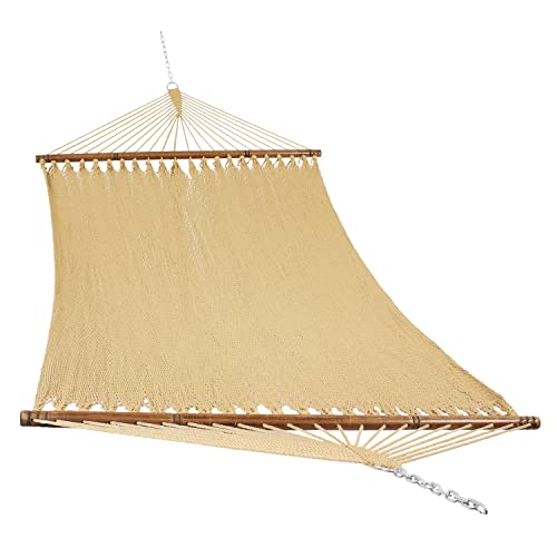 Sunnydaze Heavy Duty Double Rope Hammock for Outside, 600 lb Capacity | Tan, 75" x 55" Bed, Soft-Spun Polyester, Wood Spreader Bars, 2-Person Outdoor Hammock for Backyard, Camping, or Patio - color: Tan