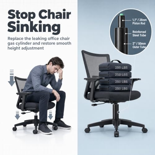 MASTERY MART 14-22 Inch Extra Long Office Chair Cylinder Replacement with Gloves, 8" Stroke Gas Lift, Heavy Duty 1000 Lbs Class 4 Hydraulic Pneumatic Piston, Universal Fit - size: 8'' Travel Length