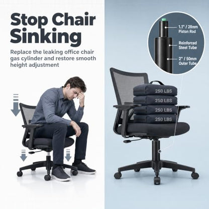 MASTERY MART 14-22 Inch Extra Long Office Chair Cylinder Replacement with Gloves, 8" Stroke Gas Lift, Heavy Duty 1000 Lbs Class 4 Hydraulic Pneumatic Piston, Universal Fit - size: 8'' Travel Length
