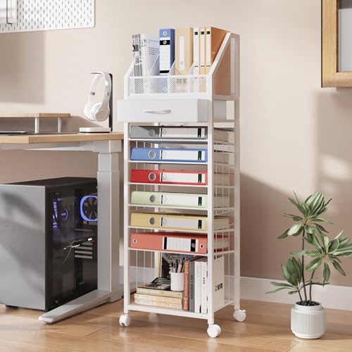 SWTYMIKI 9-Tier Rolling File Cart - Paper Organizer with Drawer and Trays, Wood Desk Office Organizer, Office Organization and Binder Storage for Workspace, Home, School, White - color: White, size: Standing Type
