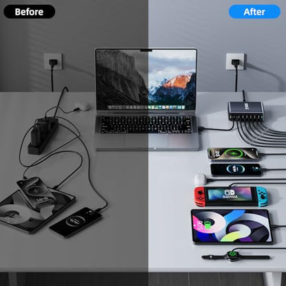 500W Fast Charging 8 Port USB C Charger Block with Nylon Fast Charging Cable, Multi-Device Charging Station Wall Desktop Charger with GaN Ⅲ Technology, USB-C Charger Adapter for MacBook/iPad/iPhone 17 - size: 500W+240W Fast Charging Cable Braided Nylon