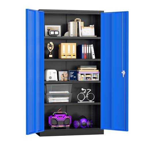 Superday Metal Storage Cabinets, 72" Storage Cabinet with Locking Door, Tall Garage Cabinet with 2 Doors and 4 Adjustable Shelves for Home Office, Classroom, Easy Assemble(Black Blue) - color: Black Blue, size: 72" Storage Cabinet