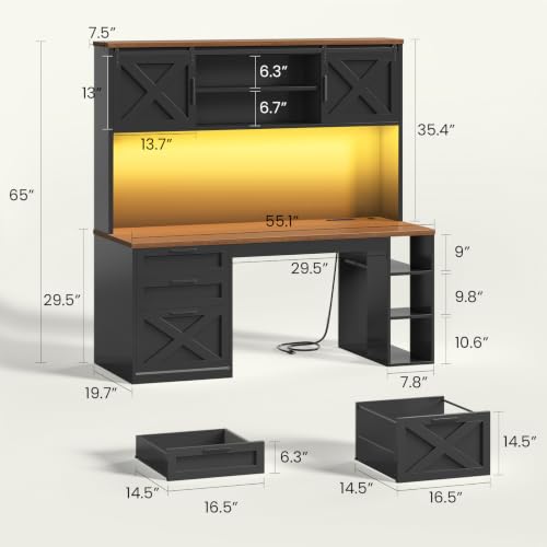 SEDETA 55.1" Farmhouse Desk with Hutch & 3 Storage Drawers - color: Black and Brown, size: Desk with Hutch (55")