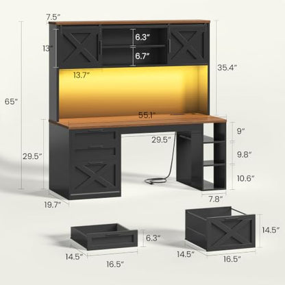 SEDETA 55.1" Farmhouse Desk with Hutch & 3 Storage Drawers - color: Black and Brown, size: Desk with Hutch (55")