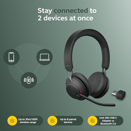 Jabra Evolve2 65 Bluetooth Wireless Headset with Mic for Calls and Music, Dual-Ear Headphones with USB-C Adapter, Up to 37 Hours Battery, Noise-Cancelling, Works with Online Meeting Apps, Black - size: USB-C Dongle, style: All Platforms