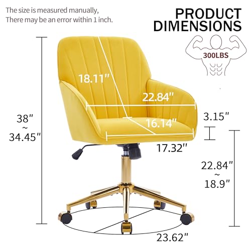 YITAI Velvet Office Desk Chair with Wheels and Gold Base,Modern Height Adjustable 360 Degree Swivel Upholstered Vanity Chairs with Arms for Living Room Bedroom, Study,Yellow - color: Gold Yellow