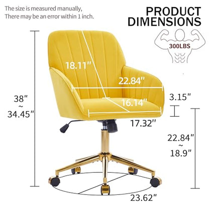 YITAI Velvet Office Desk Chair with Wheels and Gold Base,Modern Height Adjustable 360 Degree Swivel Upholstered Vanity Chairs with Arms for Living Room Bedroom, Study,Yellow - color: Gold Yellow
