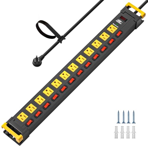 CRST 12-Outlet Heavy Duty Power Strip with Individual Switches 9FT Cord | 15A/1875W, Wide Spacing for Bulky Plugs, 1020J Surge Protector Power Strip with Cable Management for Garage Home Workshop - color: Black+Yellow, size: 12 Outlet-9FT