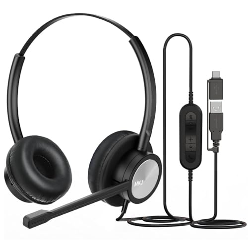 MKJ USB Headset with Noise Cancelling Microphone for Call Center & Office
