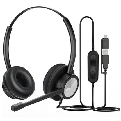 MKJ USB Headset with Noise Cancelling Microphone for Call Center & Office
