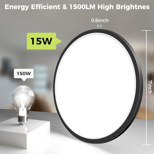 4Pack LED Flush Mount Ceiling Light Fixture, 7Inch 15W, Dimmable&3000K/3500K/4000K/5000K/6500K Adjustable Low Profile Ceiling Lights, 1500LM Round Lamp for Bathroom, Closet, Kitchen, Hallway, Black - color: Black, size: 7Inch-4pack