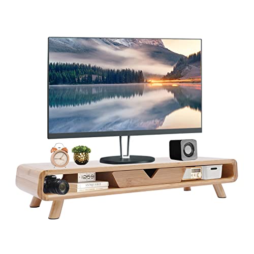 Bamboo Monitor Stand Riser with Drawer, 24 Inch No Assembly Required Desk Organizer, Ergonomic 4.5 Inch Height Wood Computer Stand for Laptop, Printer, Office Accessories