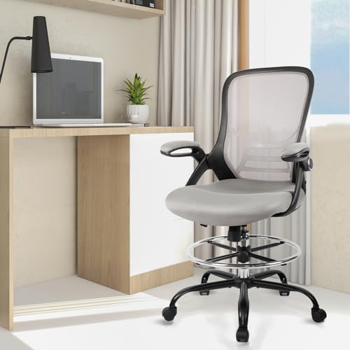 HYLONE Drafting Chair, Tall Office Chair Standing Desk Chair Grey Mesh High-Back Drafting Stool with Flip-Up Arms, Adjustable Foot Ring - color: Black Frame & Grey Mesh