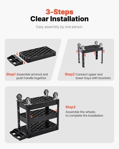VEVOR Utility Cart, 3-Tier Plastic Service Cart with 550LBS Capacity, 360° Swivel Casters (Including 2 Locking Wheels), Medium Lipped Shelves, Ergonomic Handle, for Garage, Warehouse, Cleaning Tasks