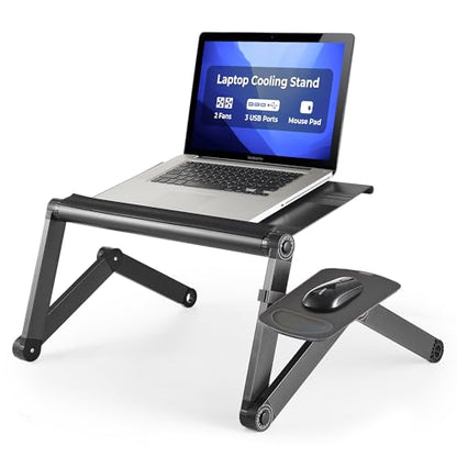 WorkEZ Cooling Adjustable Laptop Stand for Desk w/Fan USB Ports Mouse Pad Ergonomic Foldable Laptop Stand Riser Portable Computer Holder, Black | WorkEZ Cool laptop stand for desk, with adjustable height, tilt and a removable mouse pad. Also works in bed