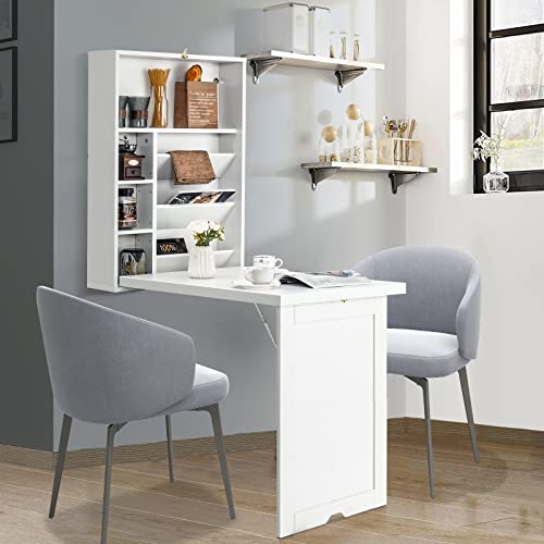 Wall Mounted Desk, Wood Collapsible Floating Desk, Convertible Computer Desk with Storage Area, Hanging Fold Out Table for Home Office, Small Spaces (White) - color: White