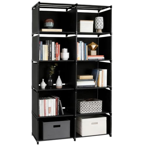 6 Tier Book Shelf, 10-Cube Storage Shelves, Tool-Free Assembly Kids Bookshelf, Bookcase Cube Storage Organizer for Kids Room, Living Room, Office, Bedroom, Study Room, (Black, 6 Tier - 10 Cubes) - color: Black - Double Row, size: 6 Tier - 10 Cubes