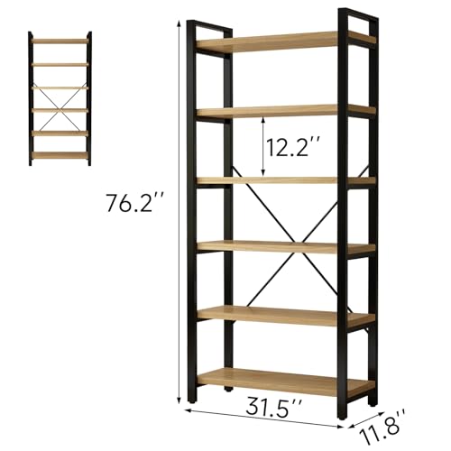 Real Solid Wood Rustic Vintage Industrial Etagere Bookshelf, Metal & Timber Free Vintage Bookcase, Retro Brown (Genuine Timber) (6-Tiers-Natural Finish) - size: 6-Tiers-Natural finish
