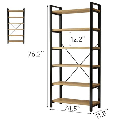 Real Solid Wood Rustic Vintage Industrial Etagere Bookshelf, Metal & Timber Free Vintage Bookcase, Retro Brown (Genuine Timber) (6-Tiers-Natural Finish) - size: 6-Tiers-Natural finish