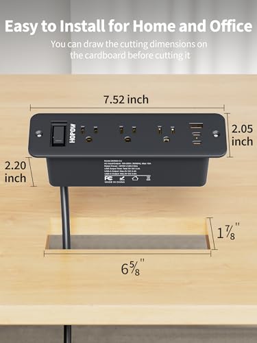 Recessed Power Strip, 6 Outlets 5 USB (3 USB-C, 15W/3A Max), 5FT Flat Plug | Flush mount power strip, desktop charging station for desk, nightstand, side table, 1875W/15A, 900J surge protection, Black