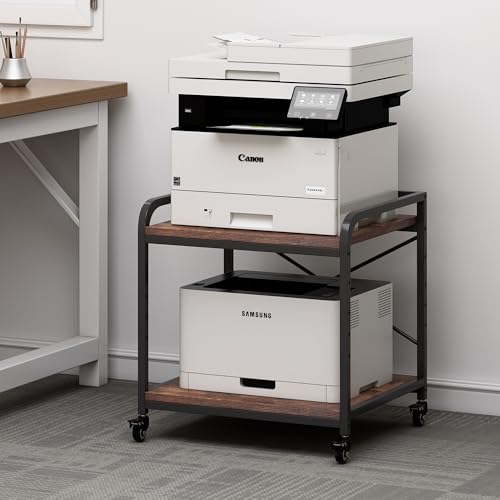 Fannova Large Size Under Desk Printer Stand, Height Adjustable Top Shelf | Table Top 20"x20", Fits 3D/Laser Printer, Heavy Duty Industrial Wheels, 2 Tier Rolling Cart Home Office Storage, Rustic Brown - color: Rustic Brown
