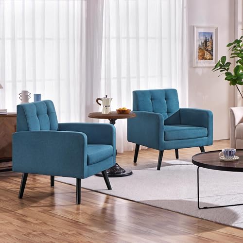 Yaheetech Mid Century Accent Chairs Set of 2 Living Room Chairs Navy Blue | Linen-Like Upholstered Sillones Para Sala, Modern Reading Nook Chairs, Button Tufted Back, Rubberwood Legs, Bedroom Office - color: Navy Blue, size: set of 2