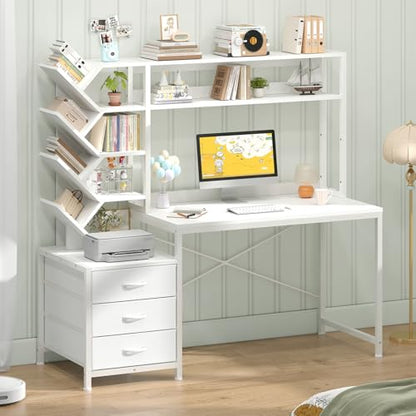 YOMILUVE 52" Computer Desk with Bookshelf, 3 Drawers ＆ Hutch for Bedroom | White Office Desk with Printer Shelf, Study Writing Desk with Storage Shelves - color: White
