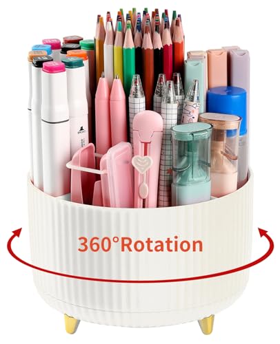 Desk Pencil Pen Holder, 5 Slots 360°Degree Rotating Pen Organizers for Desk, Desktop Storage Stationery Supplies Organizer, Cute Pencil Cup Pot for Office, School, Home, Art Supply, Beige - color: Beige