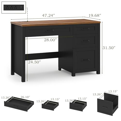 Farmhouse 47" Executive Desk, Computer Desk with File Drawer, Black Brown - color: Black Brown, size: Right Mounted